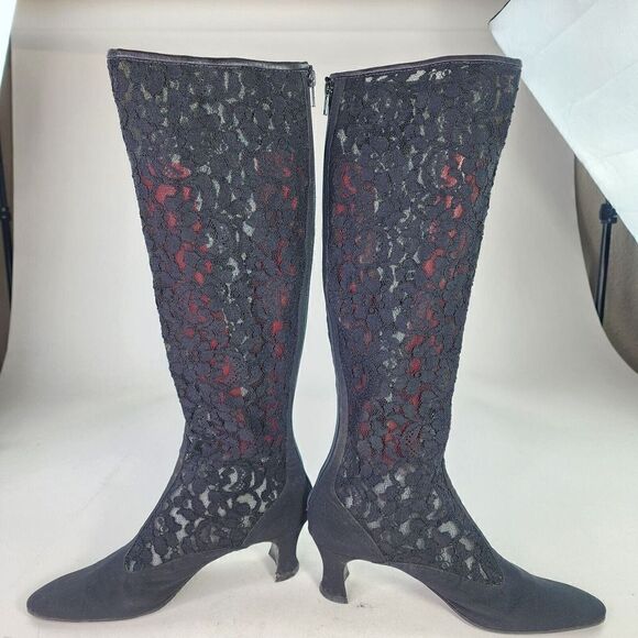 Yves Saint Laurent Womens Applique Lace Back Zip Tall Boot US 10 Black Heel Boot - Picture 3 of 14